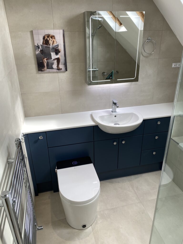 Professional wet room installation in Totteridge featuring a mirror cabinet and a smart toilet as the main focal points