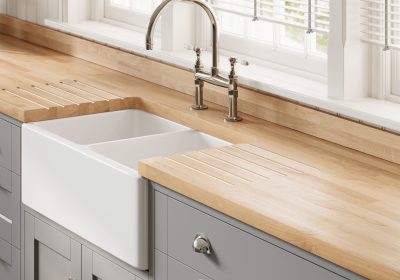 Professional worktop installation in Radlett featuring a solid hardwood worktop and a drainer grooves as the main focal points